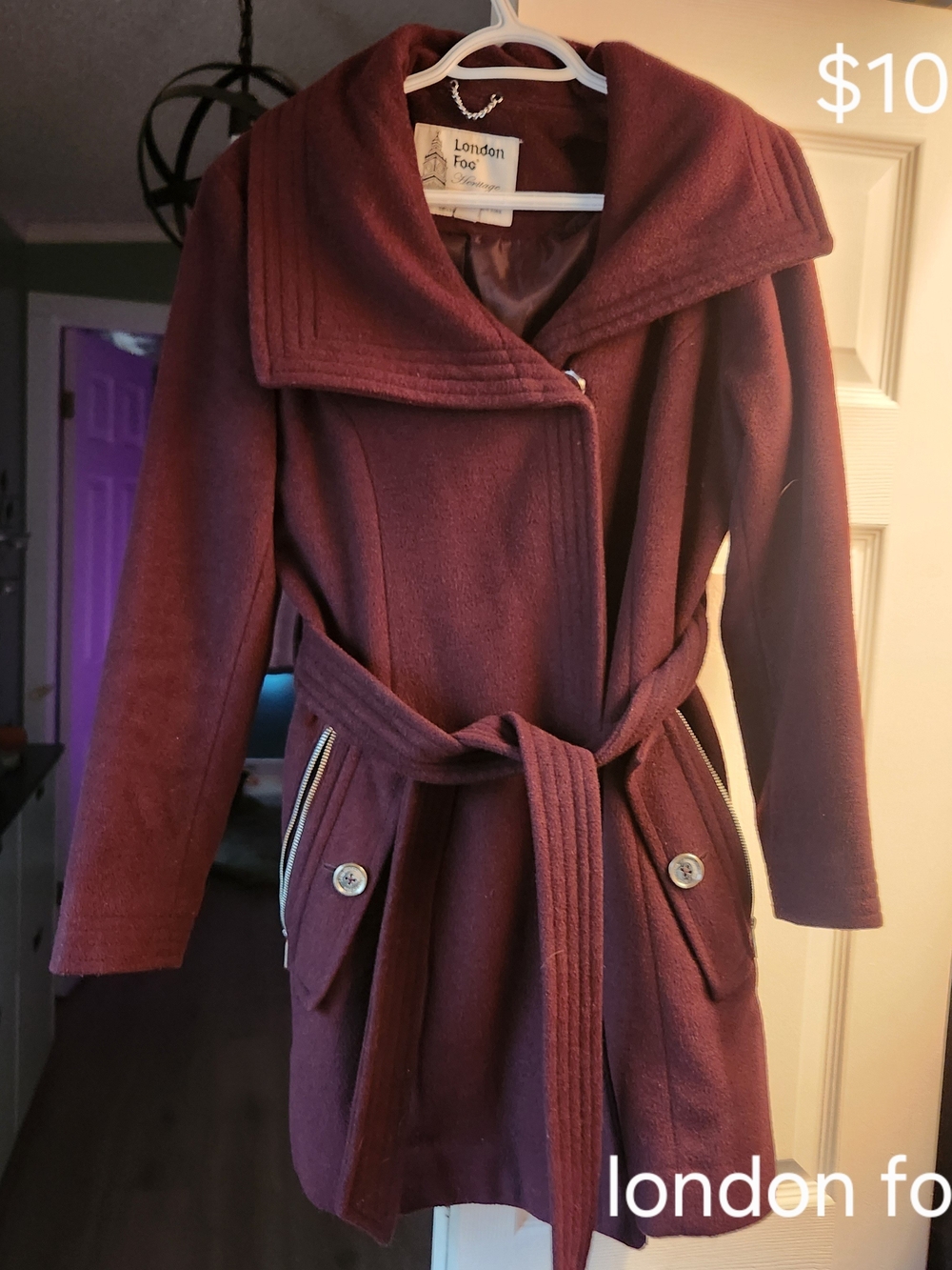 London Fog Women's Burgundy Belted Peacoat